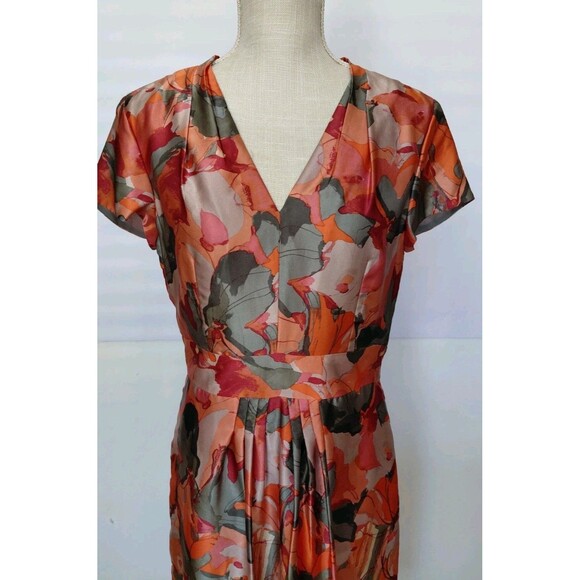 Banana Republic Size 8 Silk Orange Gray Artsy Knee-length Short Sleeve Dress - Picture 2 of 13